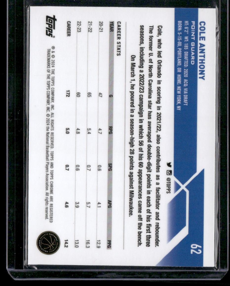 2023-24 Topps Chrome #62 Cole Anthony