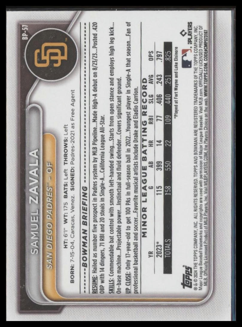 2024 Bowman #BP-57 Samuel Zavala Prospects
