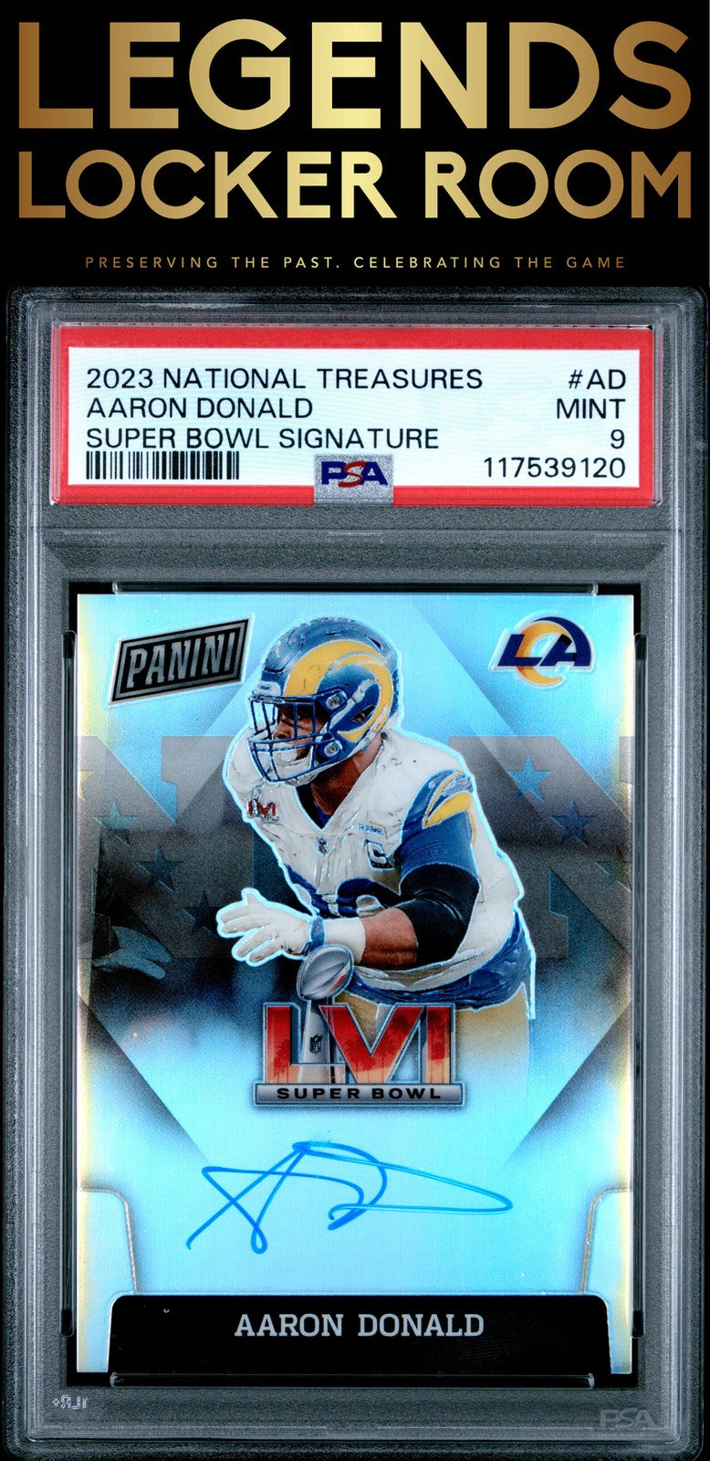 2023 Panini National Treasures Super Bowl Signatures Aaron Donald Super PSA 9