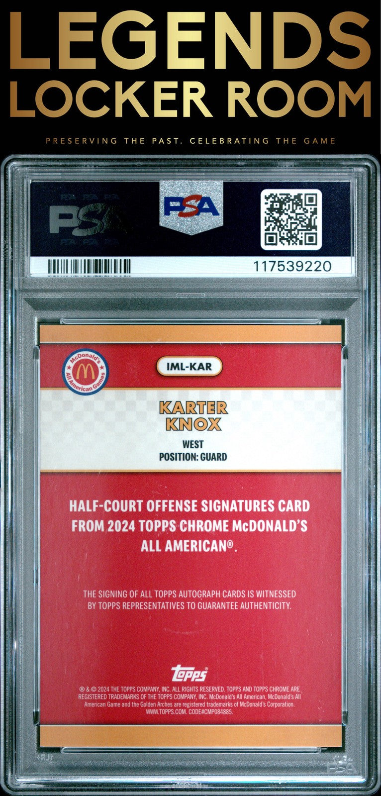 2024 Topps Chrome Mcdonald's All American Half-Court Auto Karter Knox PSA 9