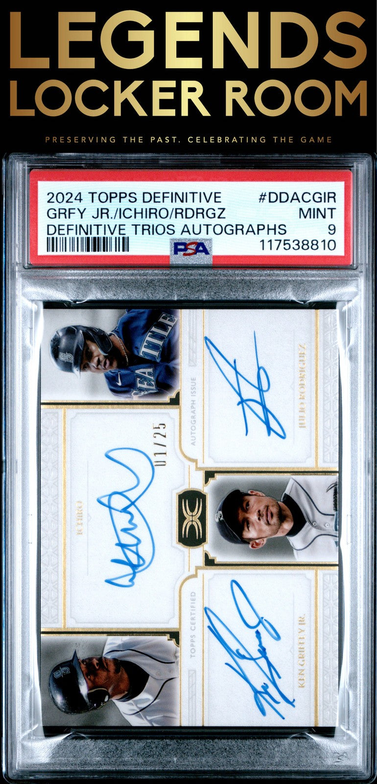 2024 Topps Definitive Collection Trio Auto Griffey Jr / Ichiro / Rodriguez PSA 9