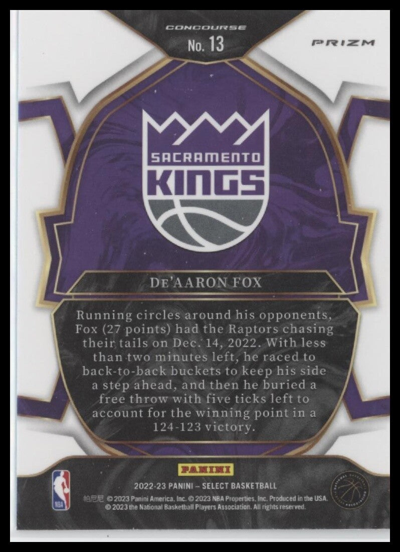 2022-23 Panini Select #13 De'Aaron Fox Blue Prizms