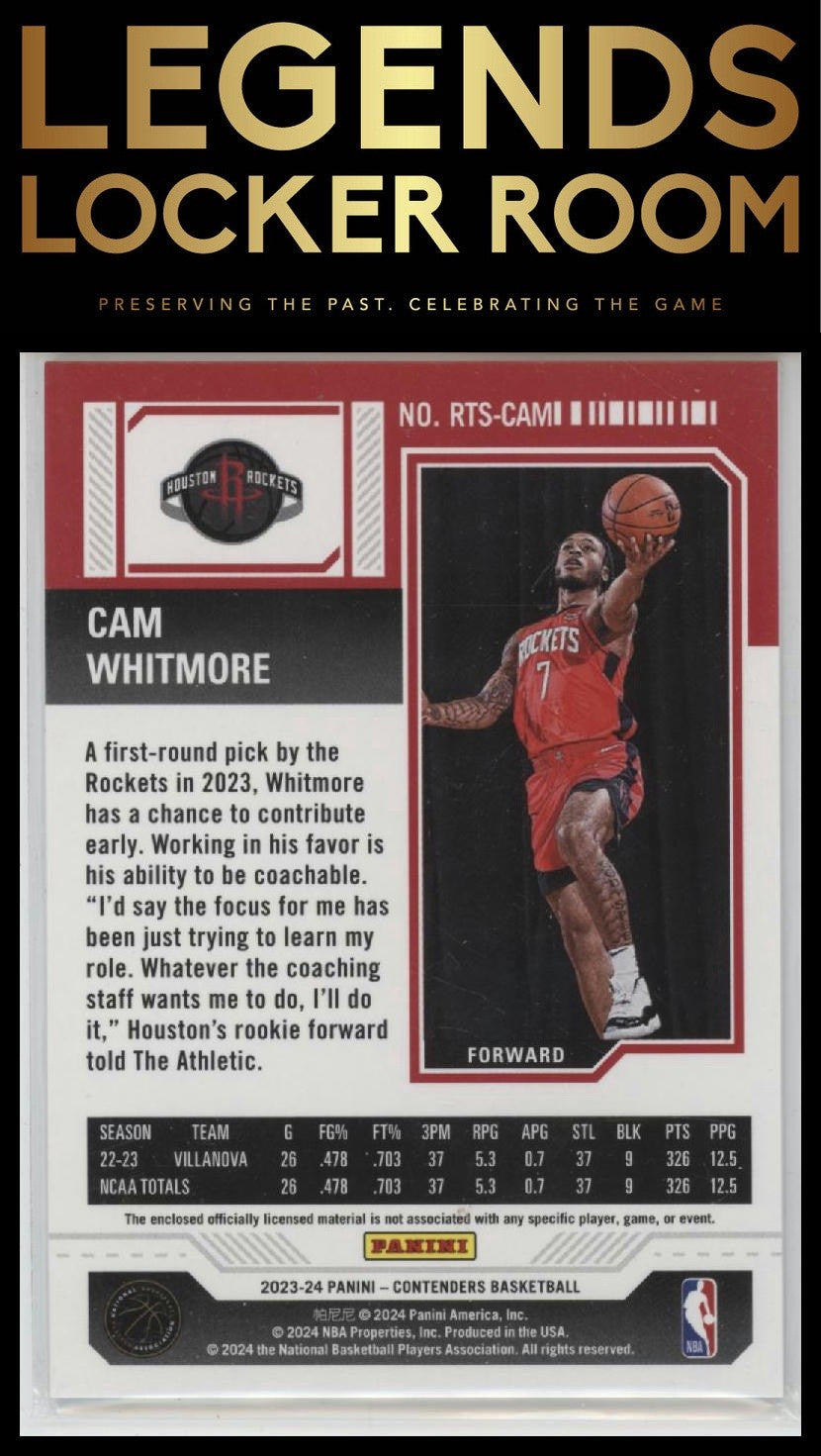 2023-24 Panini Contenders #RTS-CAM Cam Whitmore Rookie Ticket Swatches