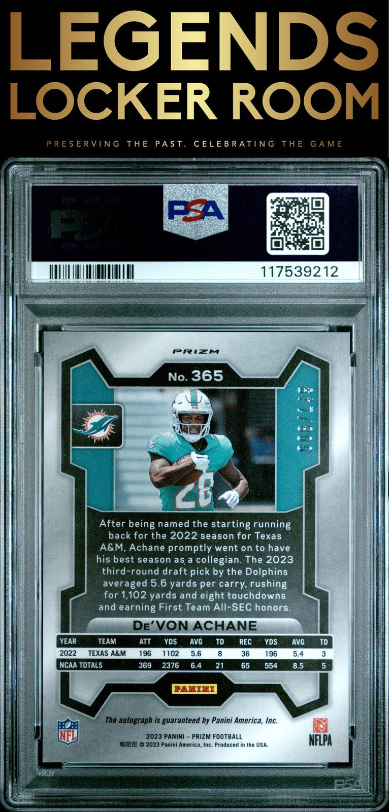 2023 Panini Prizm #365 De'Von Achane Autograph-Red Wave PSA 9