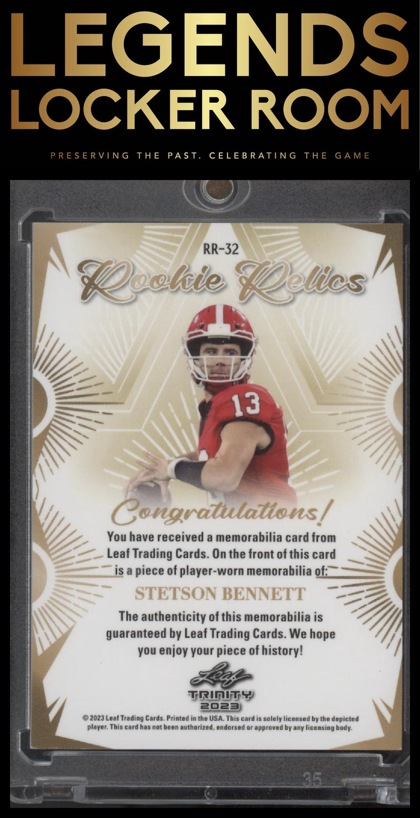 2023 Leaf Trinity #RR-32 Stetson Bennett Rookie Relic Gold