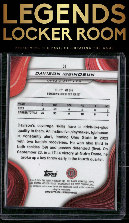 2024 Bowman University Best #51 Davison Igbinosun Gold Refractor #/50