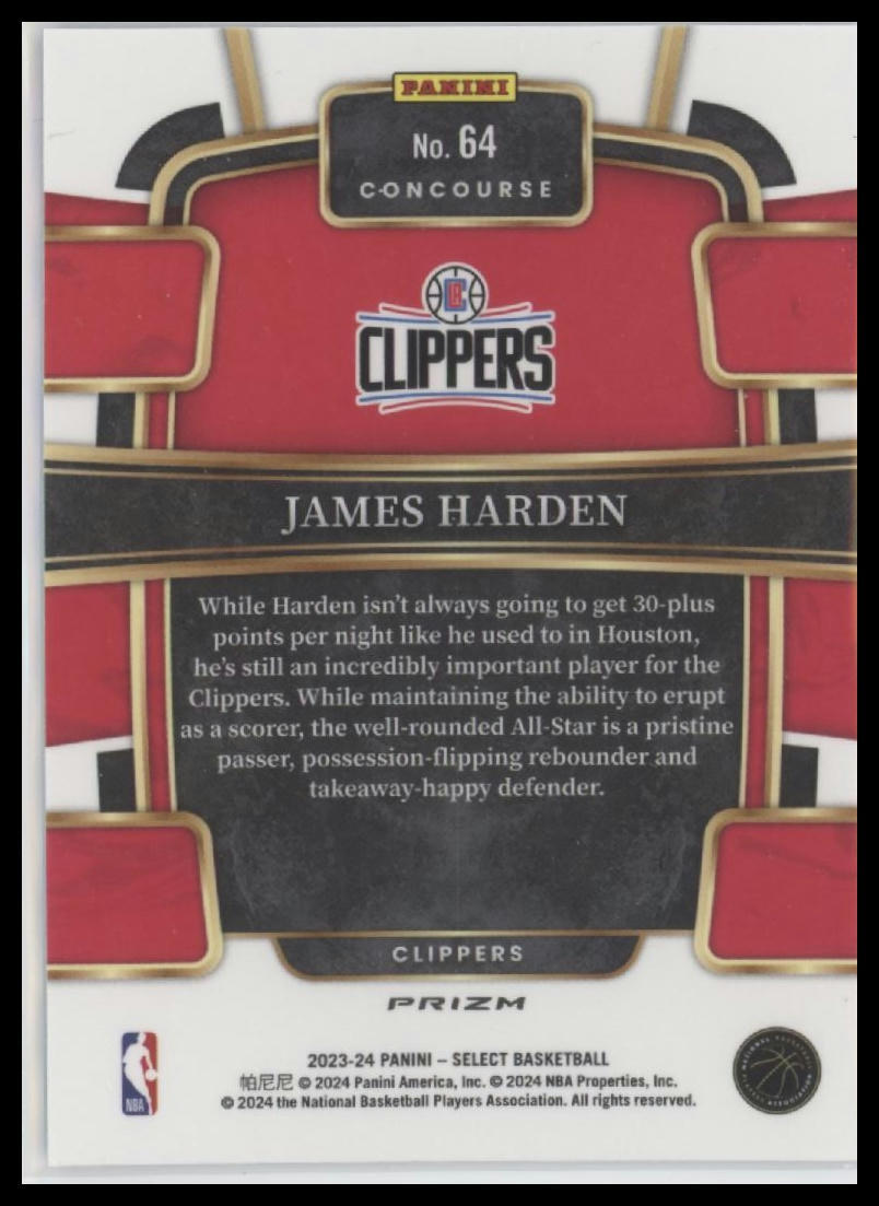 2023-24 Panini Select #64 James Harden Blue Cracked Ice Prizms