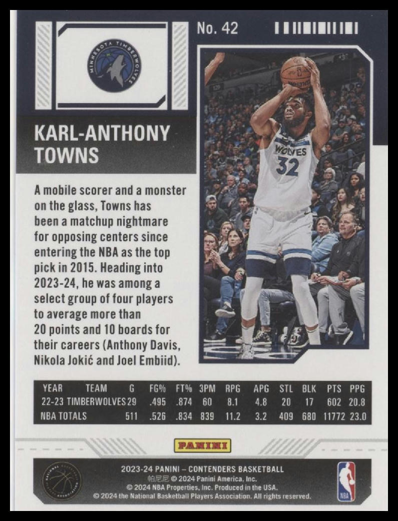 2023-24 Panini Contenders #42 Karl-Anthony Towns Season Ticket Premium Edition