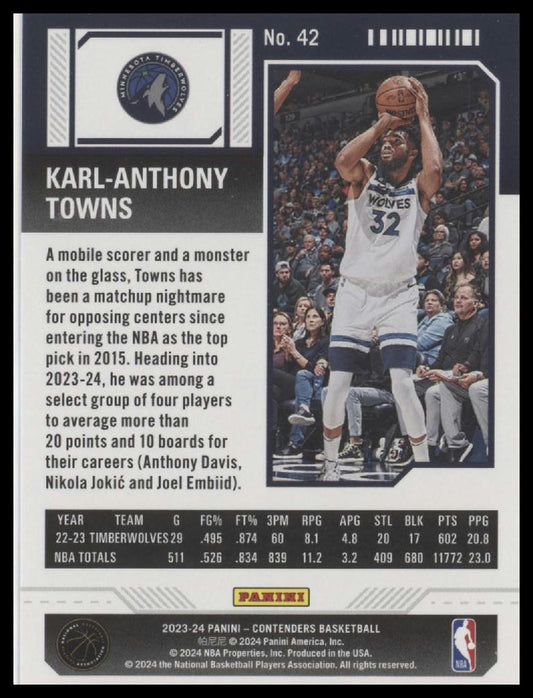 2023-24 Panini Contenders #42 Karl-Anthony Towns Season Ticket Premium Edition
