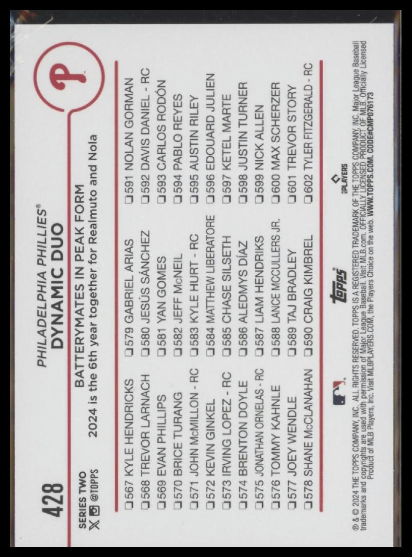 2024 Topps #428 Dynamic Duo (J.T. Realmuto / Aaron Nola)