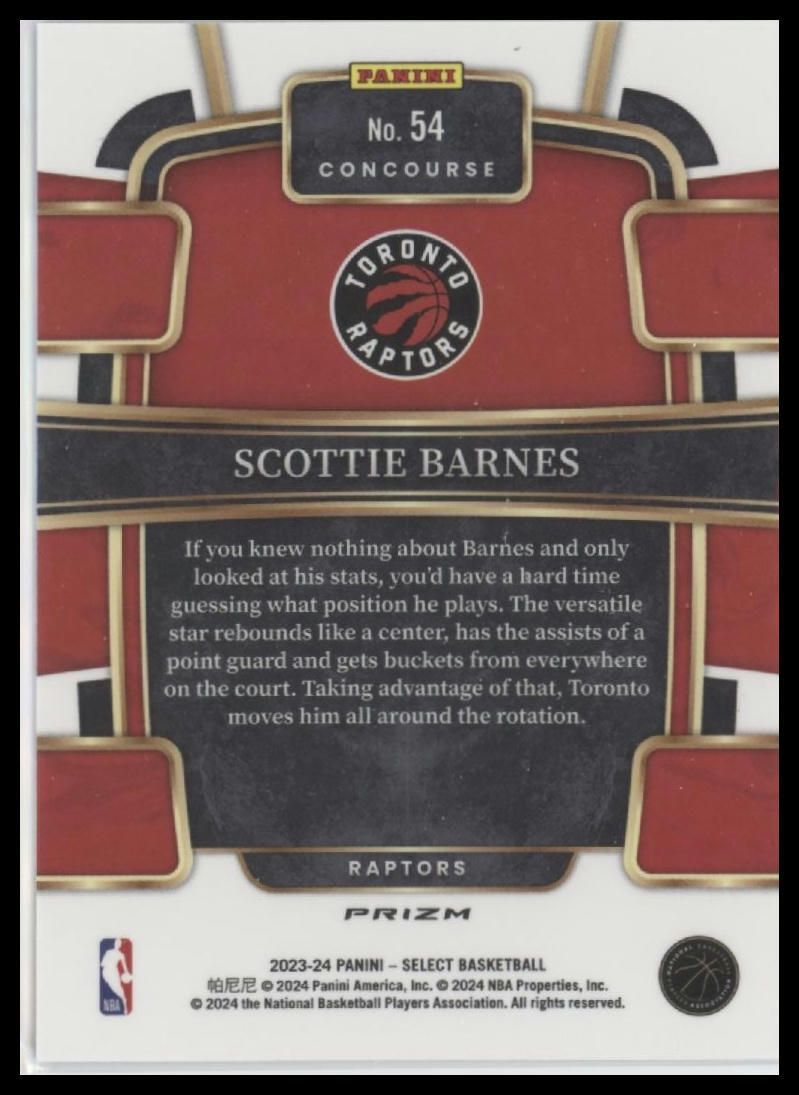 2023-24 Panini Select #54 Scottie Barnes Green White Purple Prizms