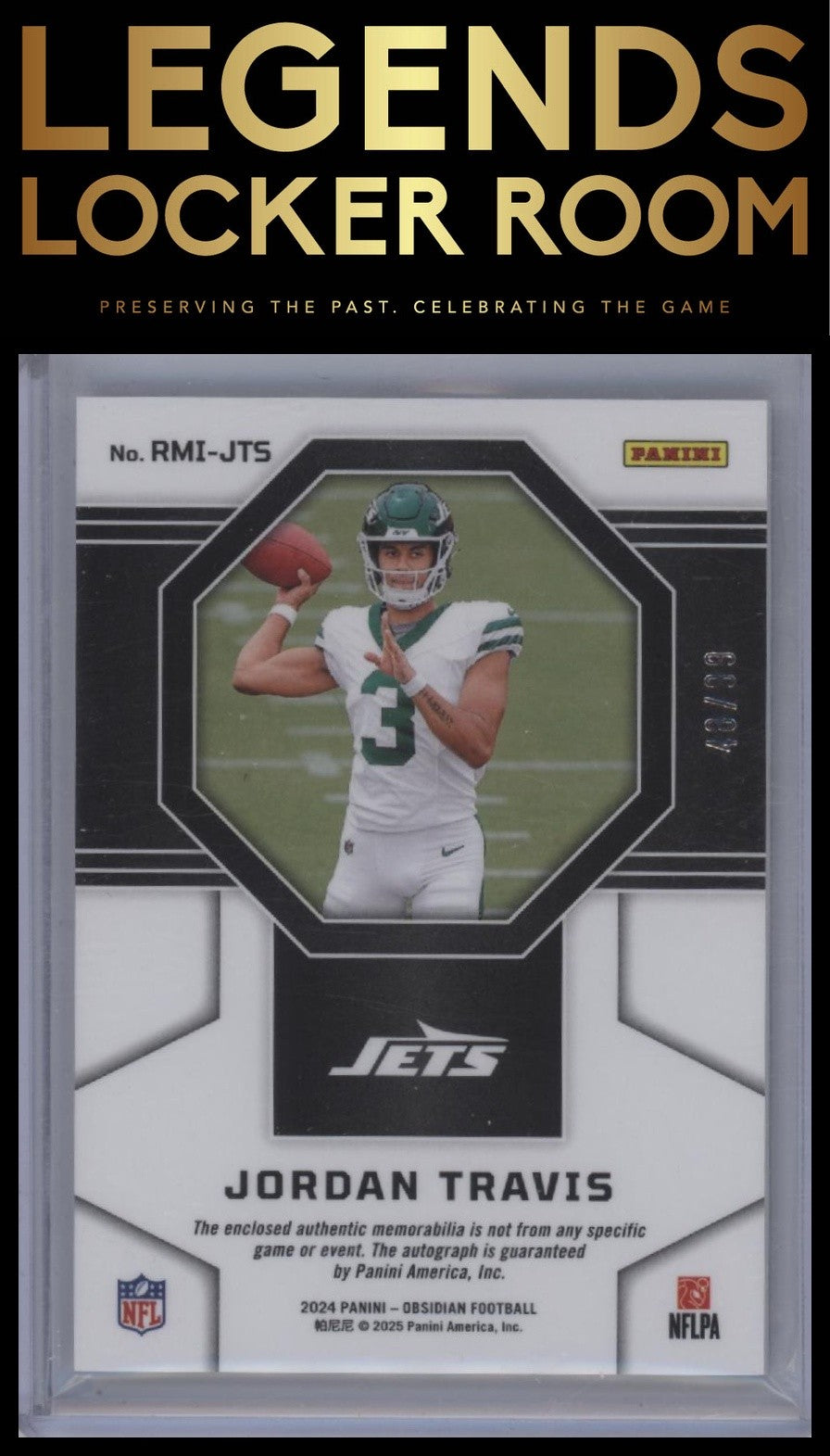 2024 Panini Obsidian #RMI-JTS Jordan Travis Rookie Materials Ink Silver #/99