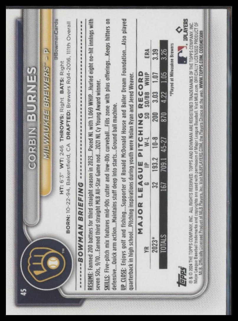 2024 Bowman #45 Corbin Burnes