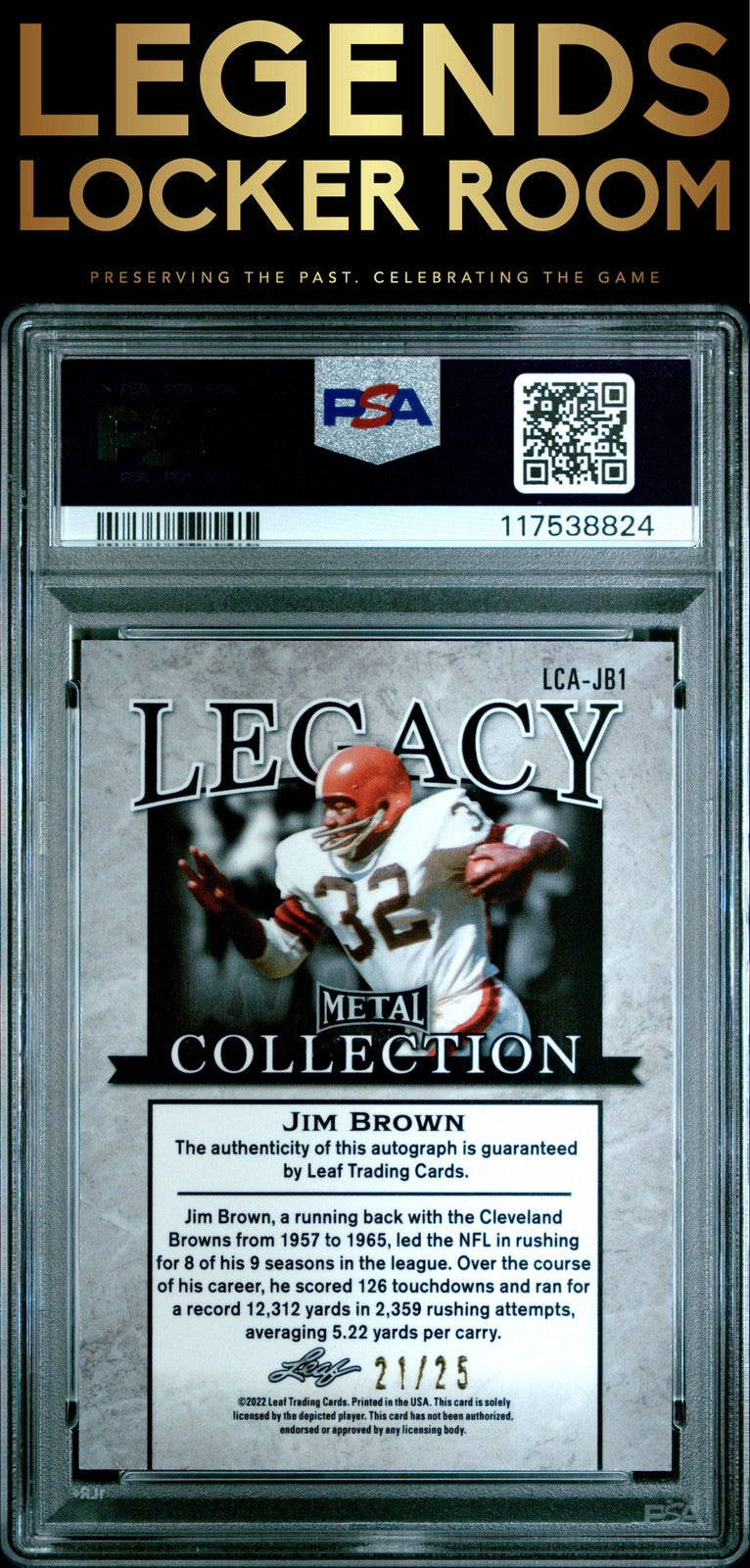 2023 Leaf Metal 2022 Leaf Legacy Collection Autographs Jim Brown /25 PSA 8