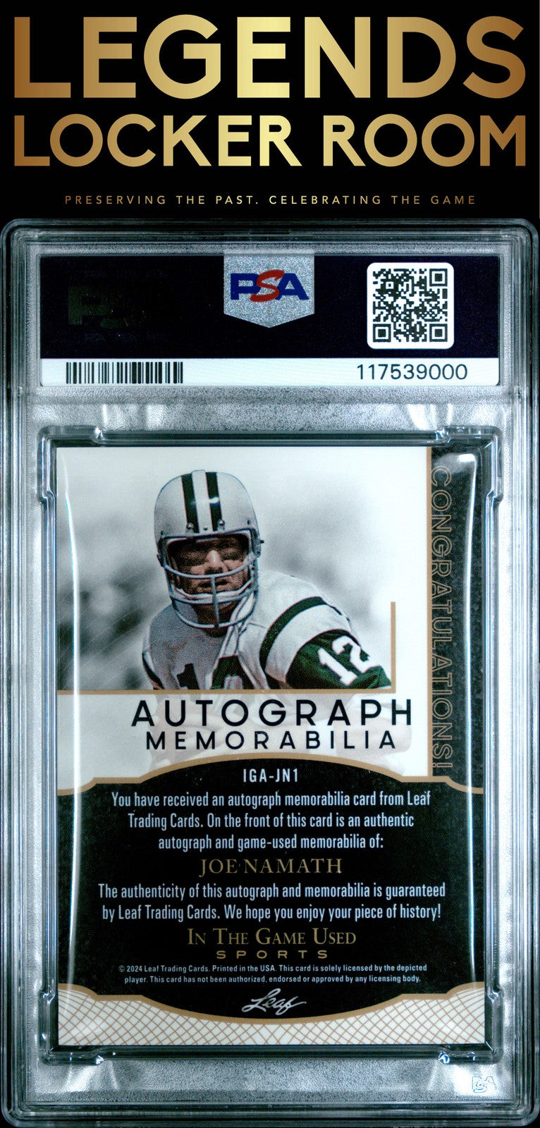 2024 Leaf In The Game Used Autograph Memorabilia Joe Namath 2/2 PSA 8