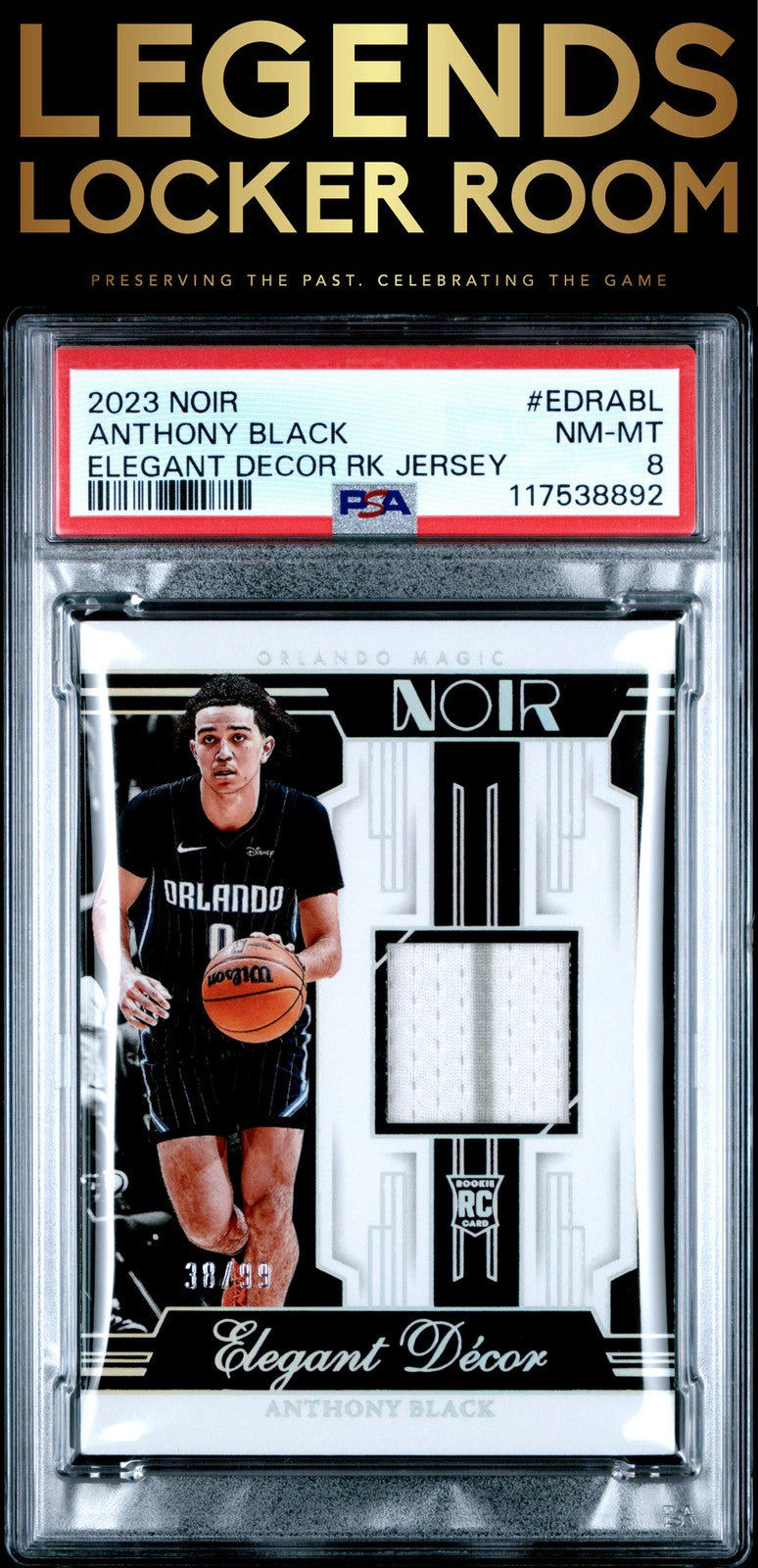 2023 Panini Noir Elegant Decor Rookie Jersey #EDRABL Anthony Black PSA 8