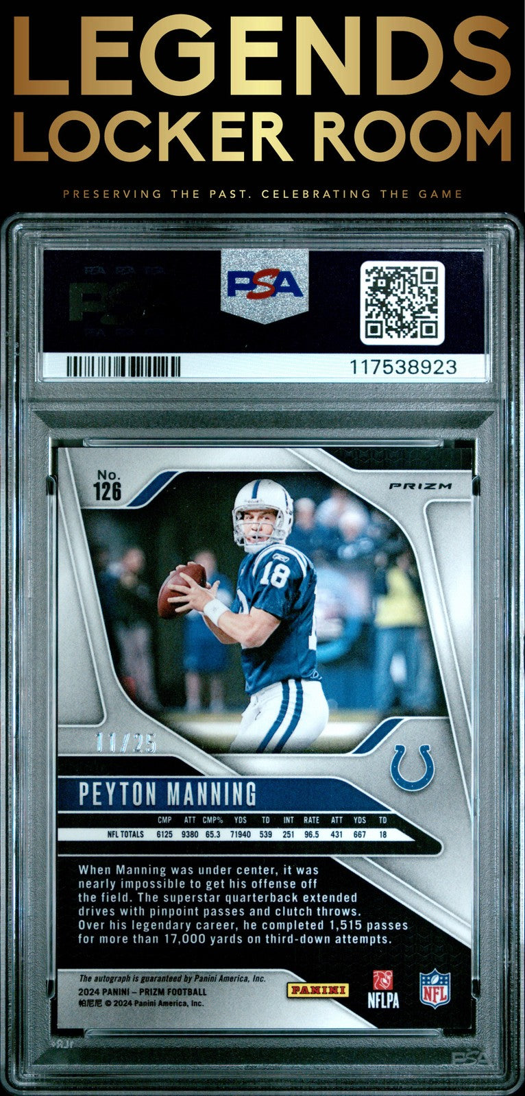 2024 Panini Prizm #126 Peyton Manning Autograph-Blue Shimmer /25 PSA 9