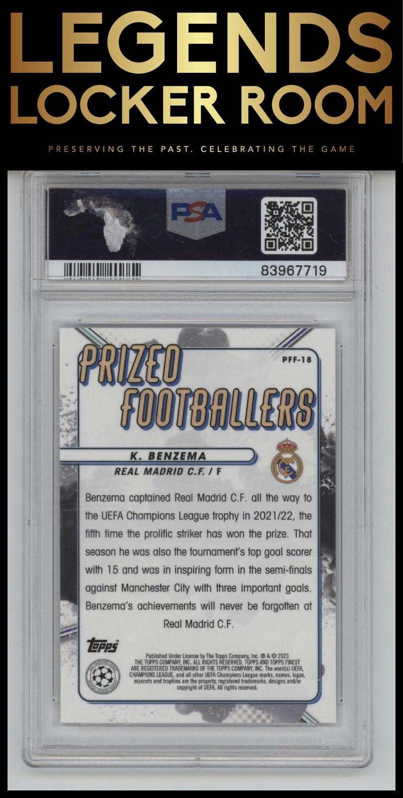 2022-23 Topps Finest UCC Prized Footballers Fusion Karim Benzema Red & Red PSA 9