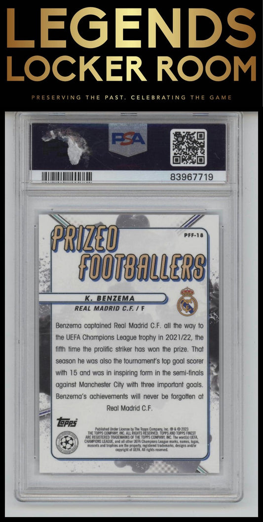2022-23 Topps Finest UCC Prized Footballers Fusion Karim Benzema Red & Red PSA 9