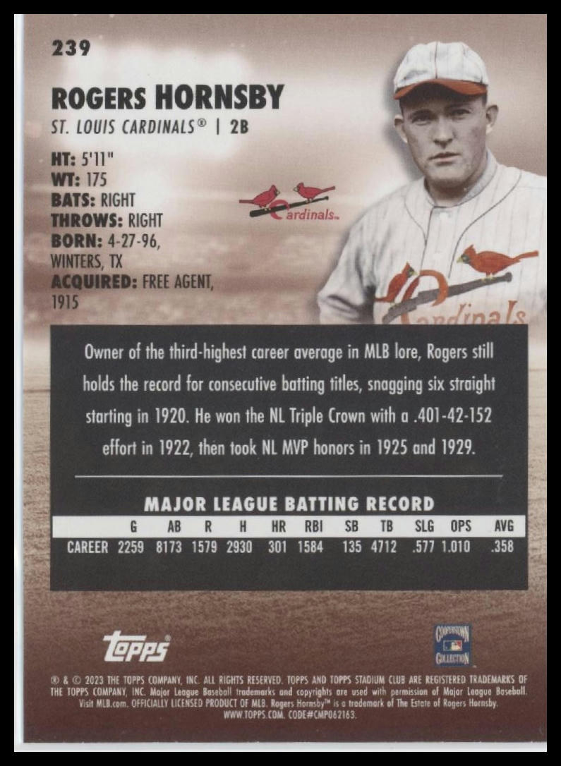 2023 Stadium Club #239 Rogers Hornsby