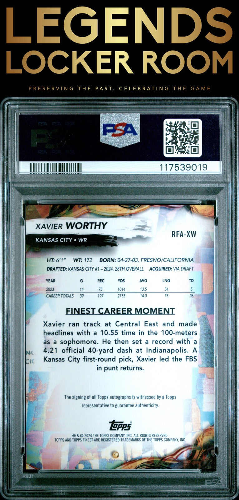 2024 Topps Finest Rookie Finest Autographs #RFAXW Xavier Worthy PSA 10