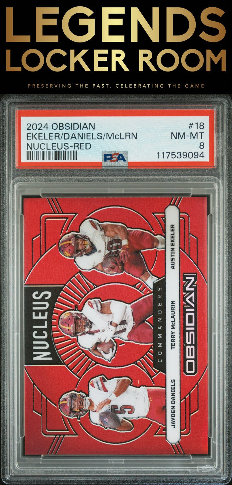 2024 Panini Obsidian Nucleus #18 Ekeler/Daniels/Mclrn Nucleus-Red PSA 8