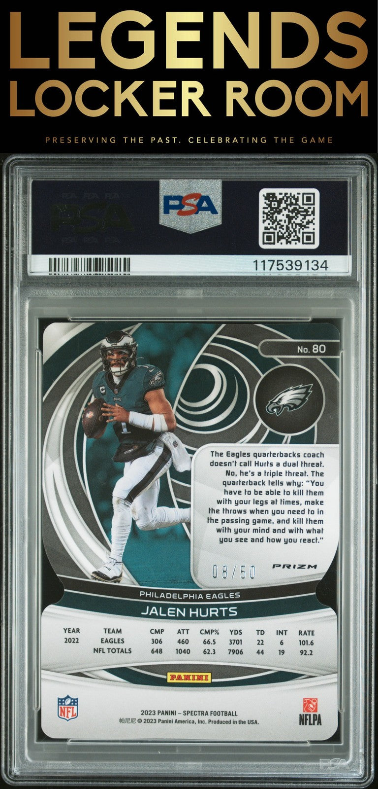 2023 Panini Spectra #80 Jalen Hurts Neon Blue Die-Cut PSA 10
