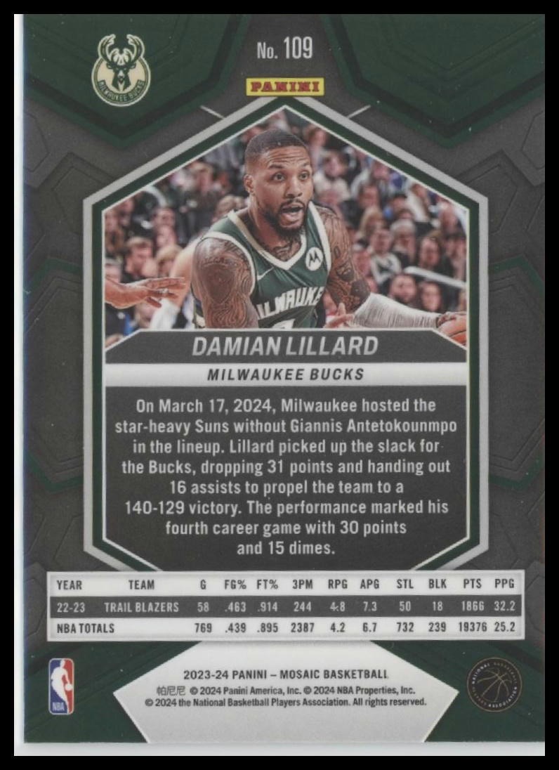 2023-24 Panini Mosaic #109 Damian Lillard