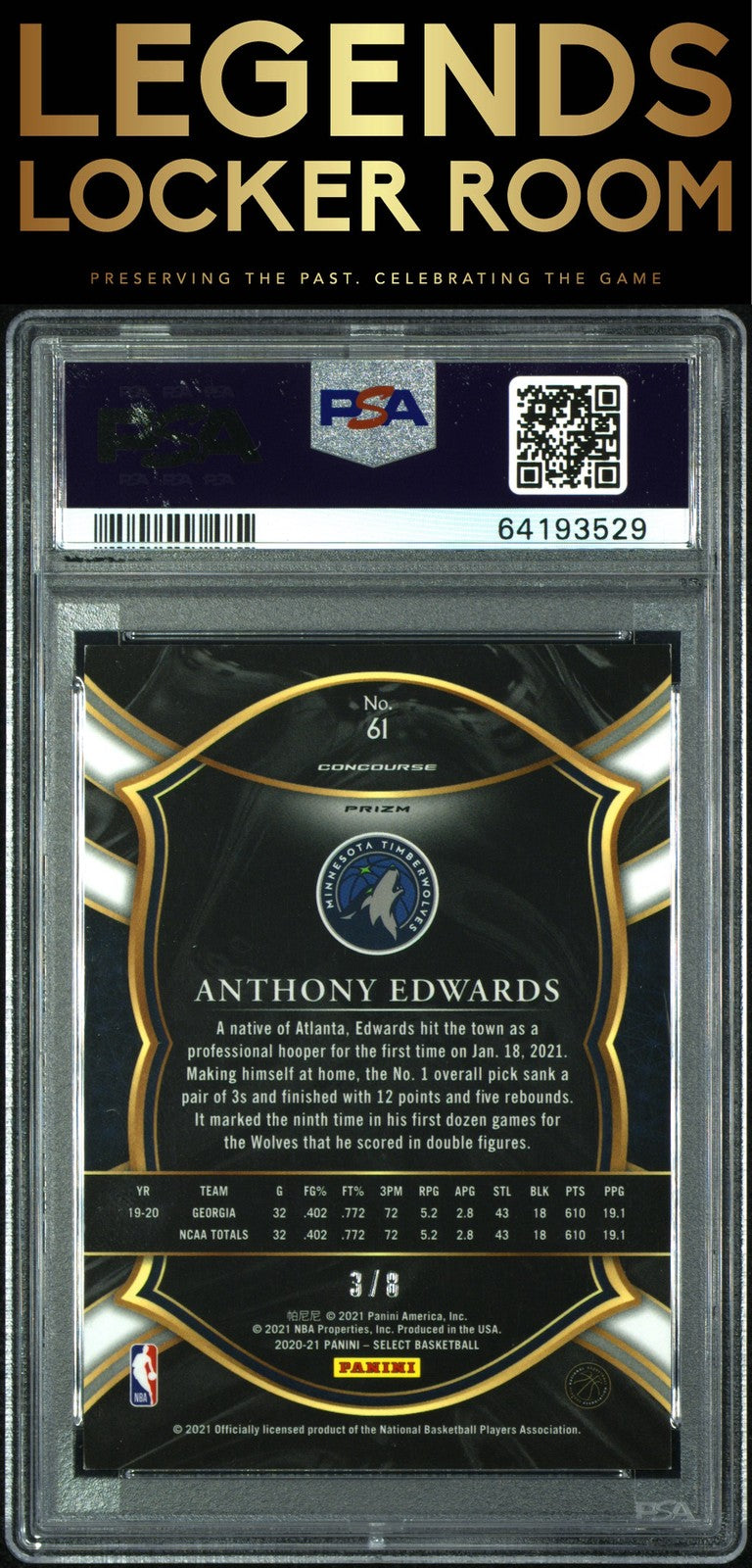 2020 Panini Select #61 Anthony Edwards Lucky Envelopes /8 PSA 9