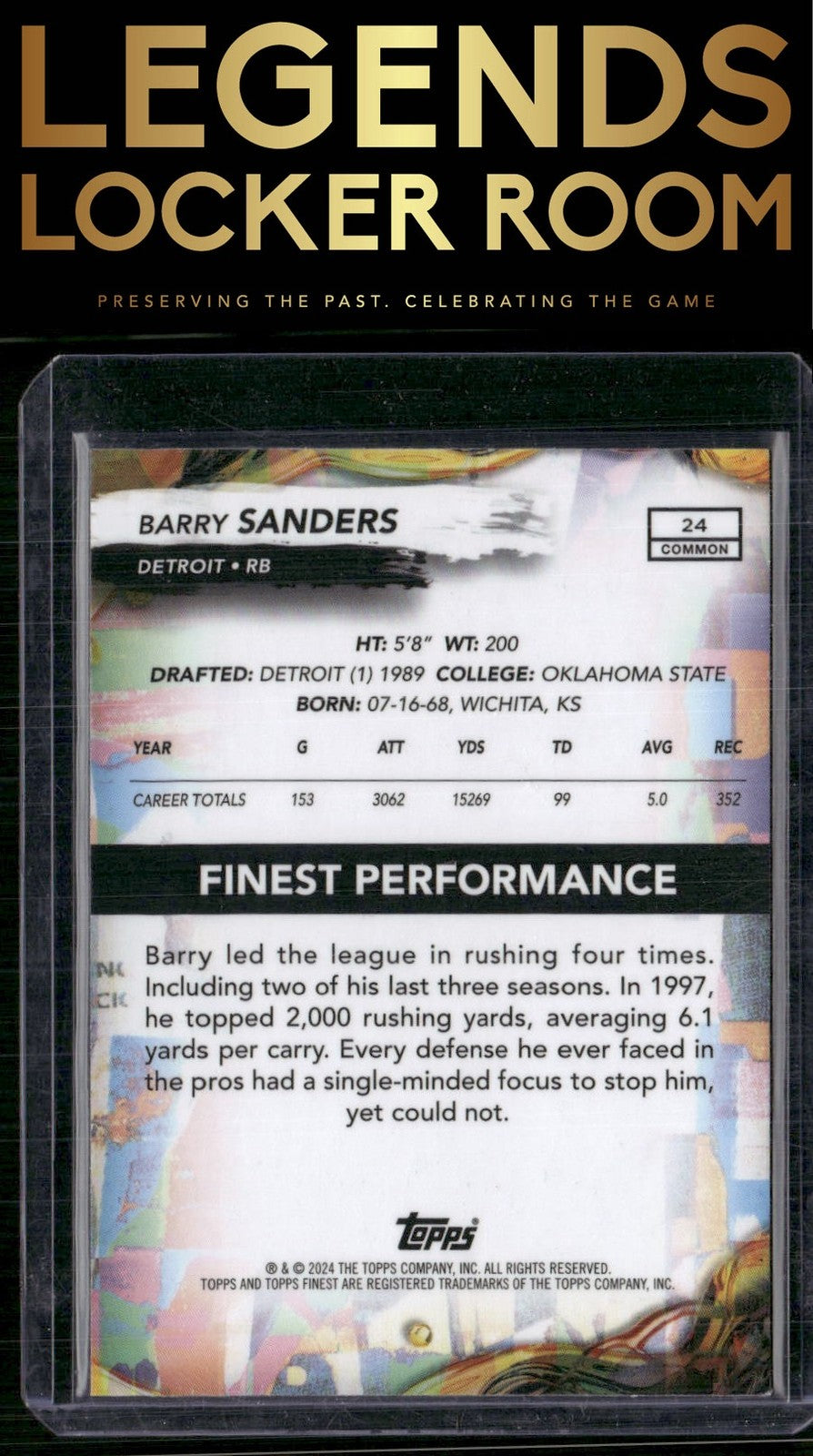 2024 Finest #24 Barry Sanders Purple Checkerboard Refractor #/150