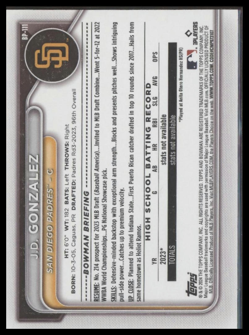 2024 Bowman #BP-111 J.D. Gonzalez Prospects