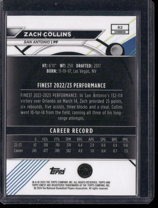 2023-24 Finest #62 Zach Collins Red/Black Refractors /20