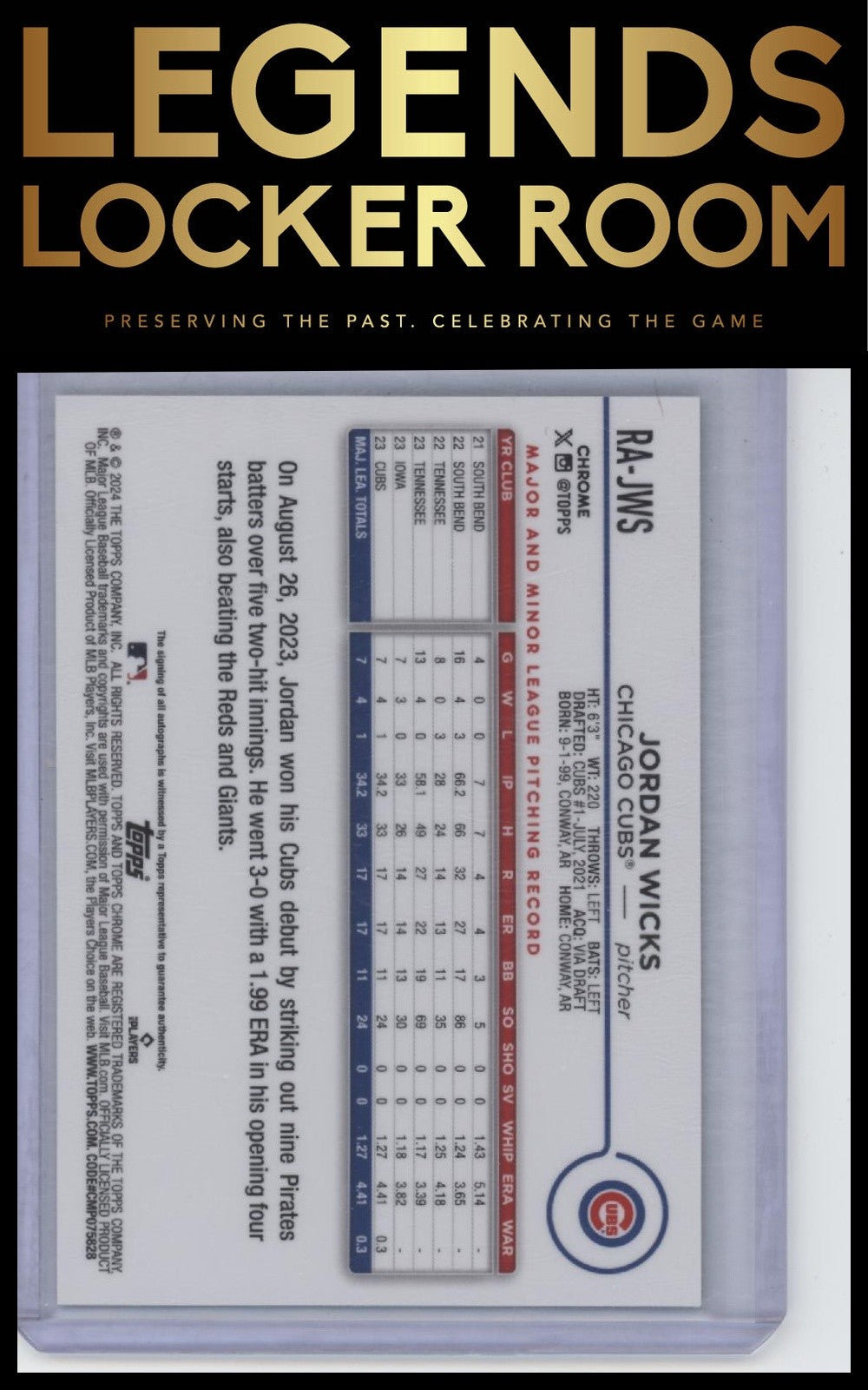 2024 Topps Chrome #RA-JWS Jordan Wicks Rookie Auto Aqua Wave /199