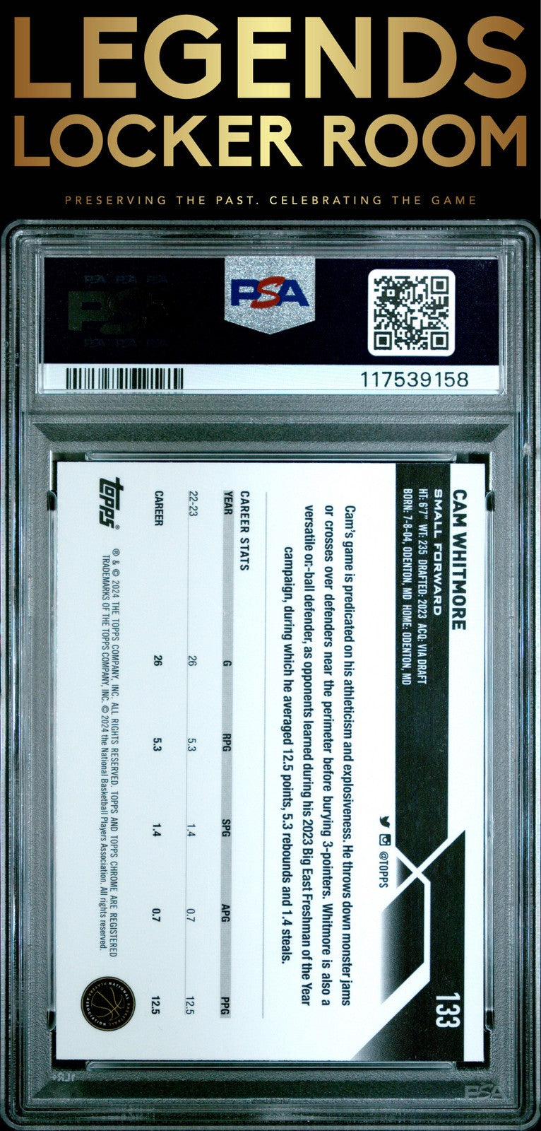 2023 Topps Chrome Sapphire Edition #133 Cam Whitmore Gold PSA 10