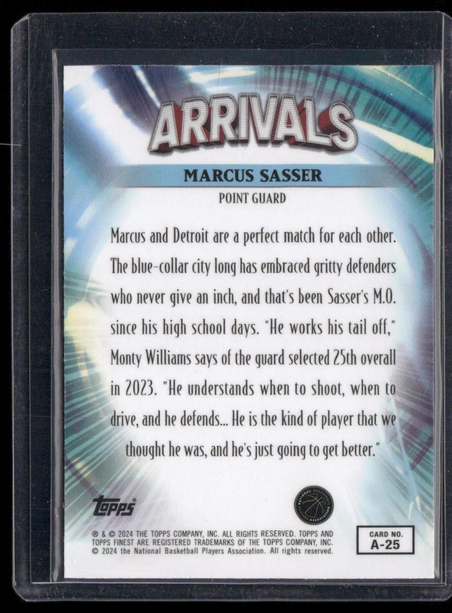 2023-24 Finest #A-25 Marcus Sasser Arrivals Purple Checkerboard Refractors #/125
