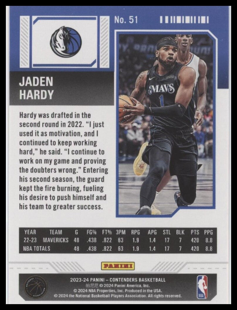2023-24 Panini Contenders #51 Jaden Hardy Season Ticket Premium Edition