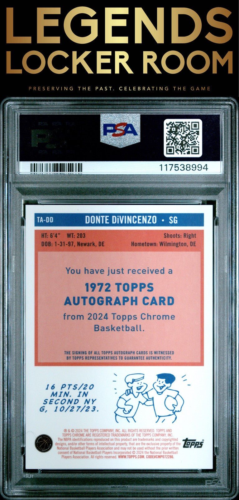 2023 Topps Chrome 1972 Topps Autographs Donte Divincenzo Purple Geo PSA 10
