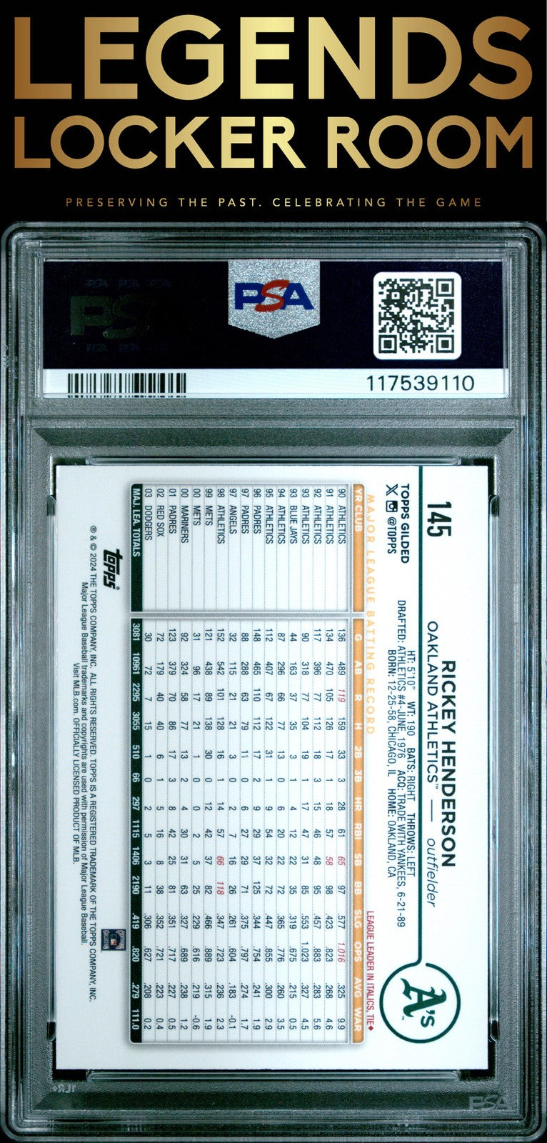 2024 Topps Gilded Collection #145 Rickey Henderson PSA 10
