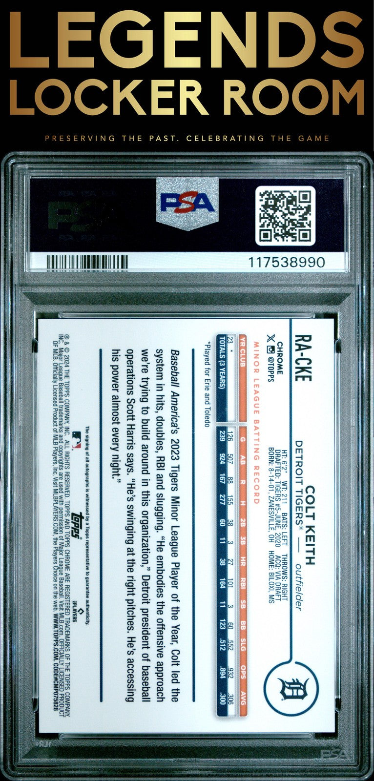 2024 Topps Chrome Rookie Autographs Colt Keith Purple Ref PSA 8