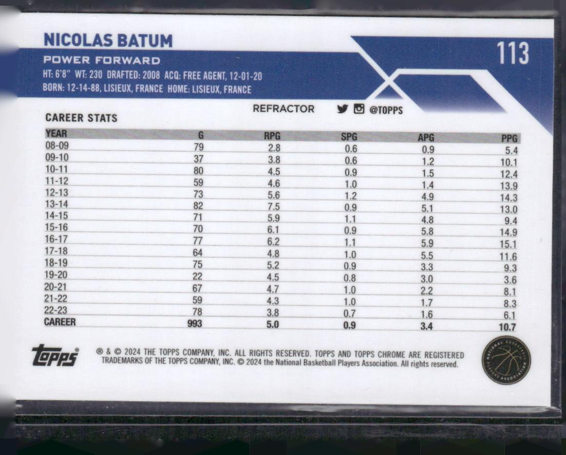 2023-24 Topps Chrome #113 Nicolas Batum Refractors