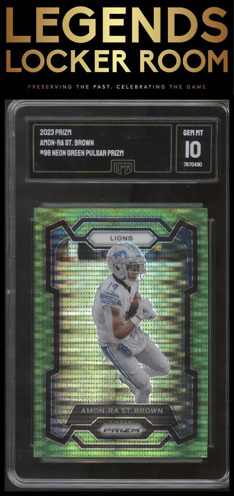 2023 Panini Prizm #96 Amon-Ra St. Brown Neon Green Pulsar GMA 10