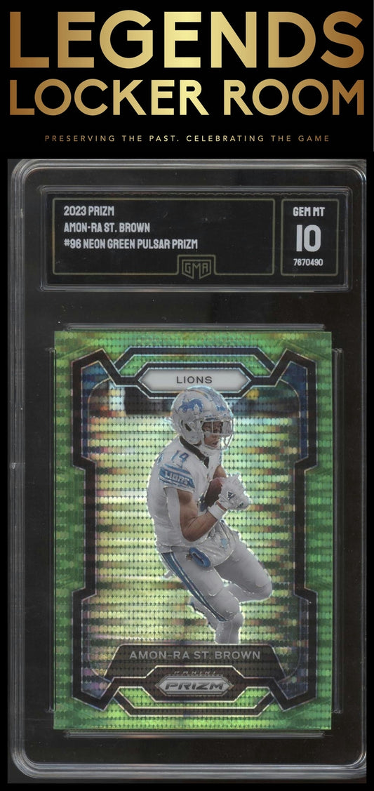 2023 Panini Prizm #96 Amon-Ra St. Brown Neon Green Pulsar GMA 10