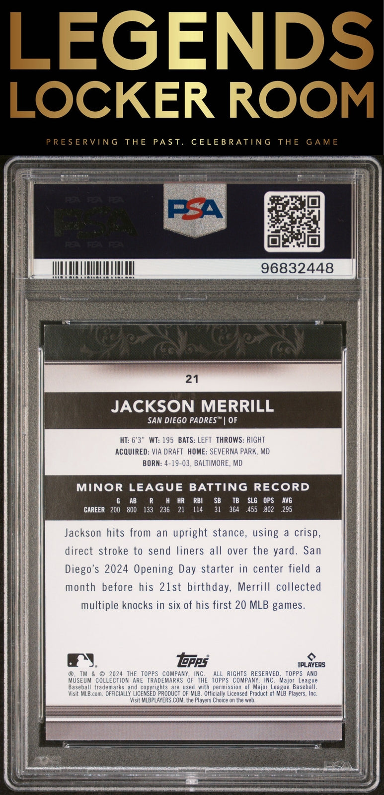 2024 Topps Museum Collection #21 Jackson Merrill Copper PSA 8