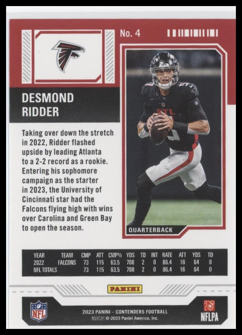 2023 Panini Contenders #4 Desmond Ridder Game Ticket