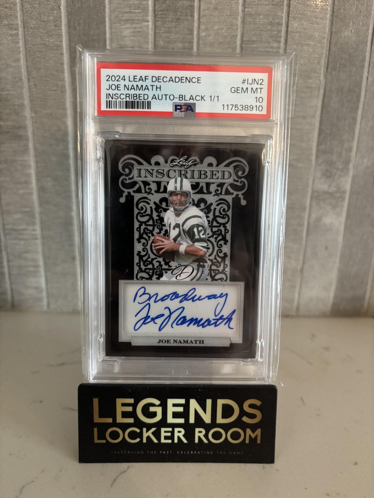2024 Leaf Decadence Inscribed Autographs Joe Namath Black 1/1 PSA 10