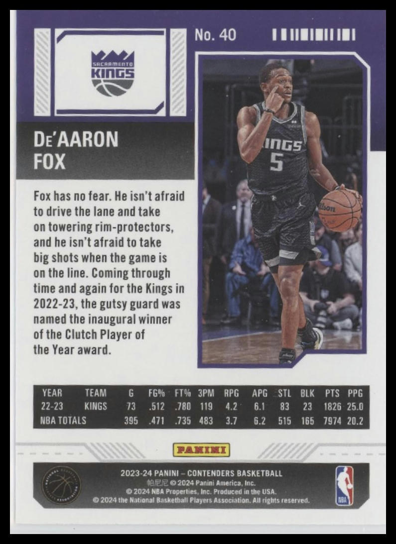 2023-24 Panini Contenders #40 De'Aaron Fox Season Ticket Premium Edition