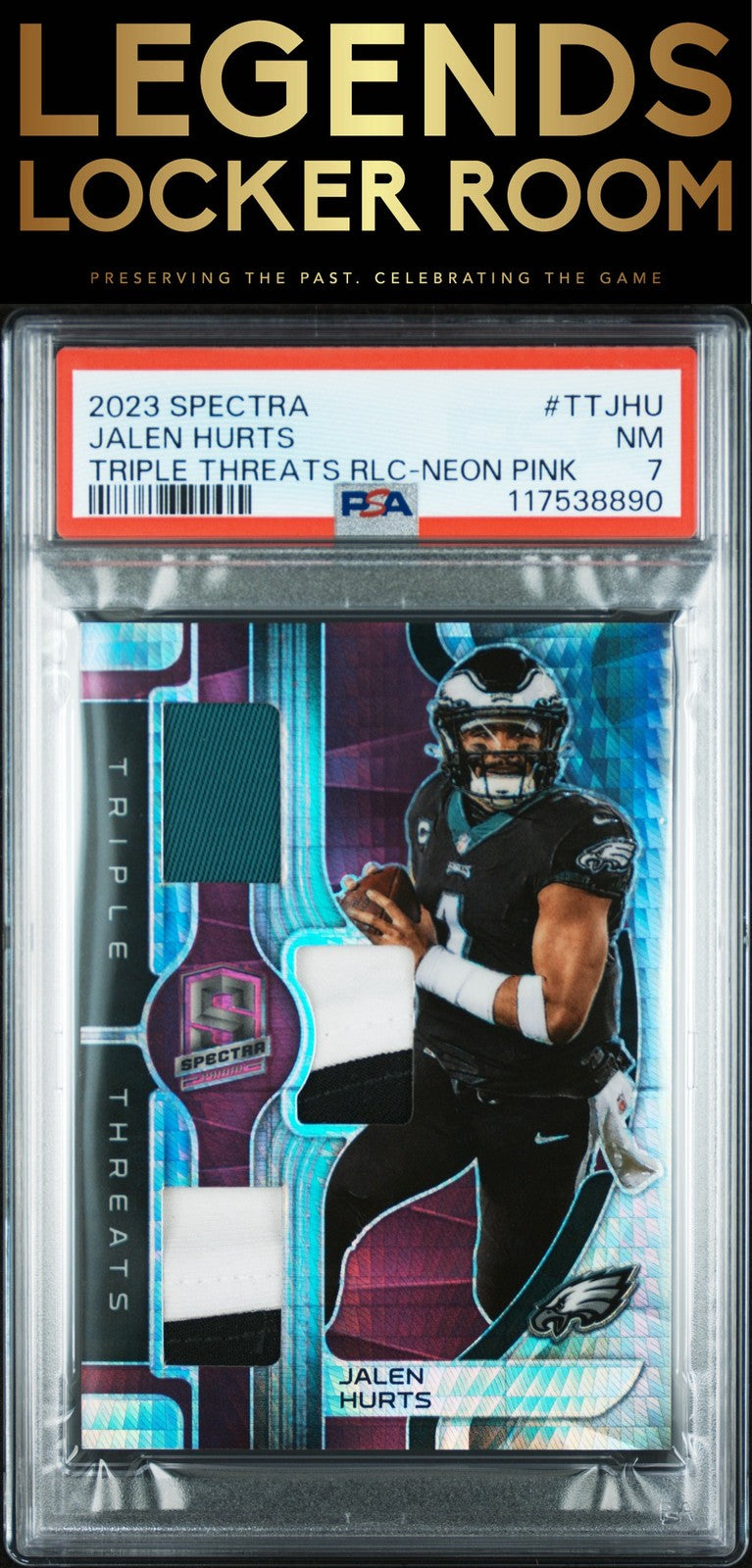 2023 Panini Spectra Triple Threats Relics Jalen Hurts /15 Neon Pink PSA 7