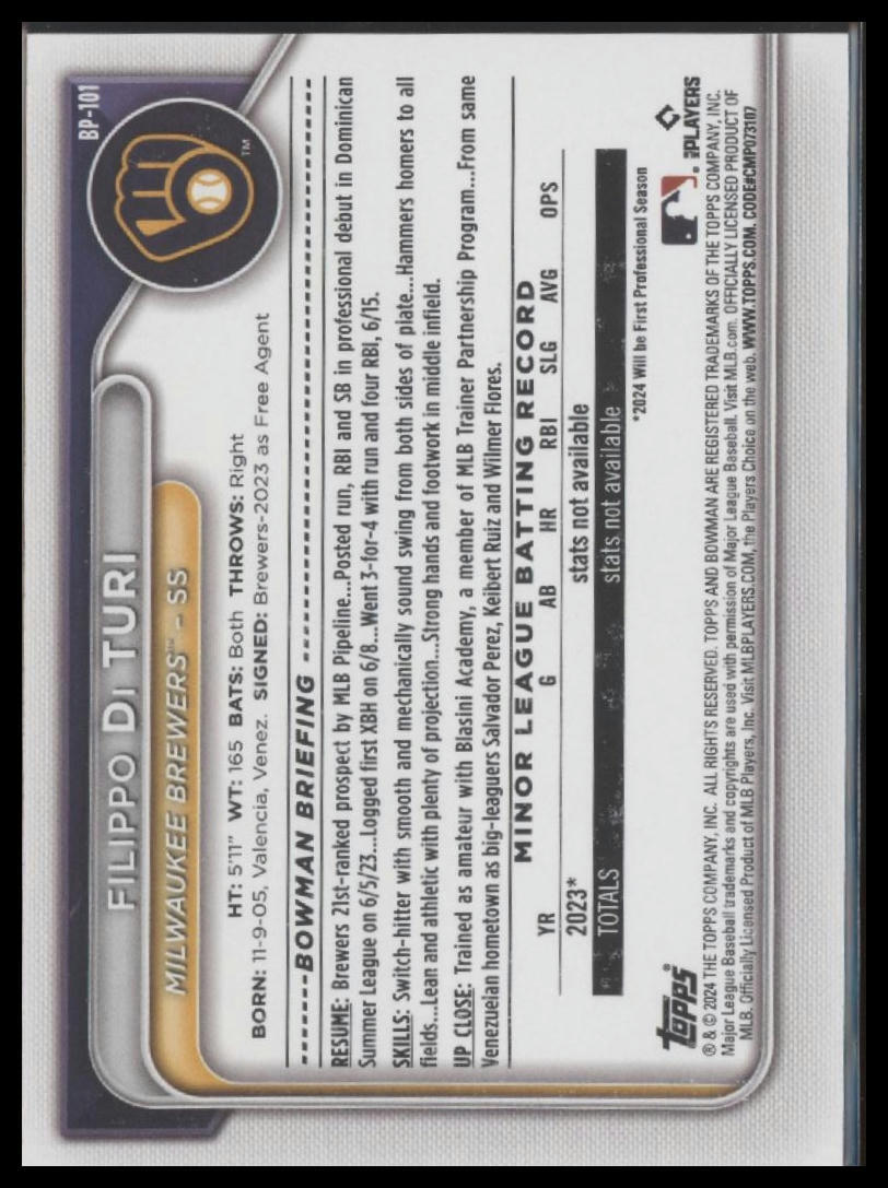 2024 Bowman #BP-101 Filippo Di Turi Prospects
