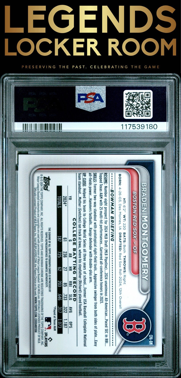 2024 Bowman Draft Chrome Prospect Auto Braden Montgomery Hta Choice PSA 9