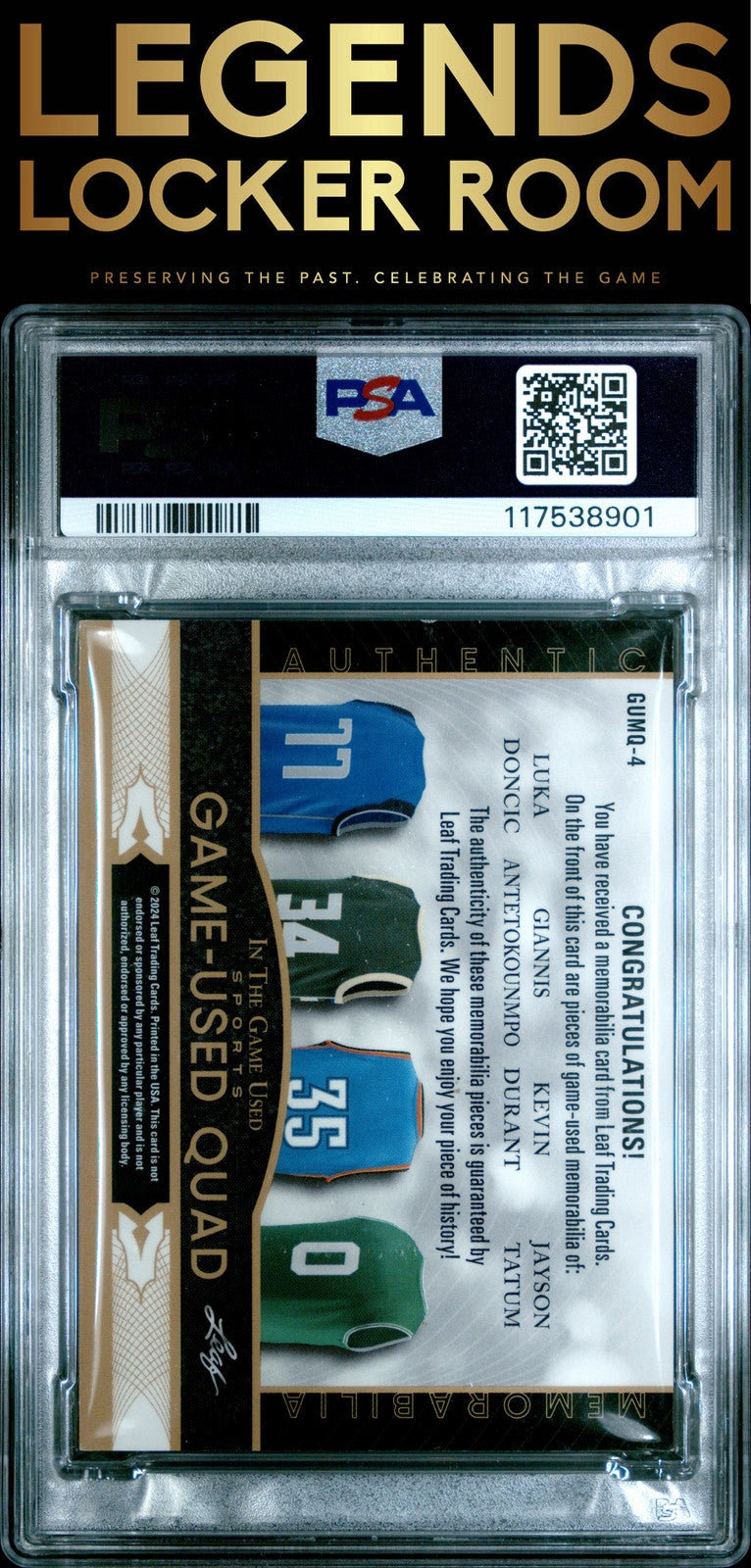 2024 Leaf In The Game Used Memorabilia Quad Dnc/Antknmpo/Drnt/Ttm  PSA 7
